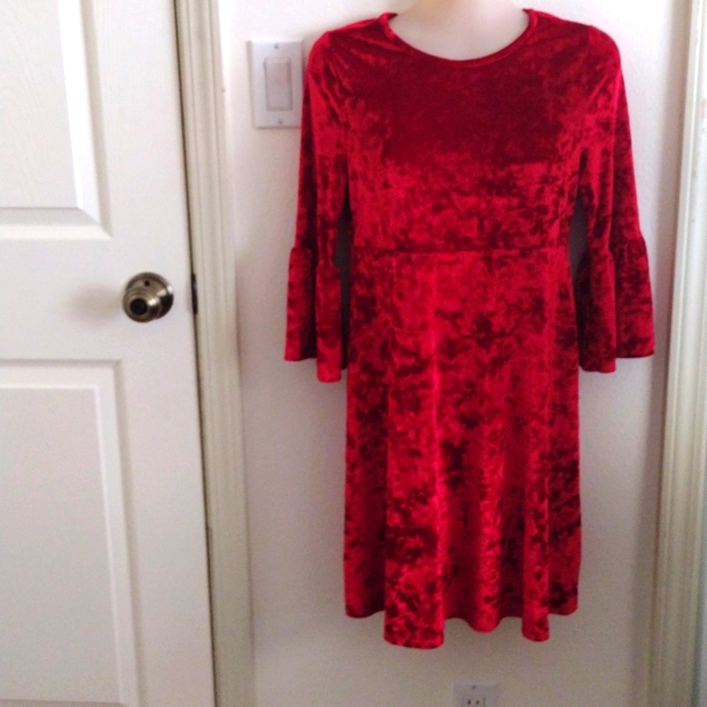 Wonder Nation Girl's 14-16 Crushed Red Velvet Dress w/Bell Sleeves